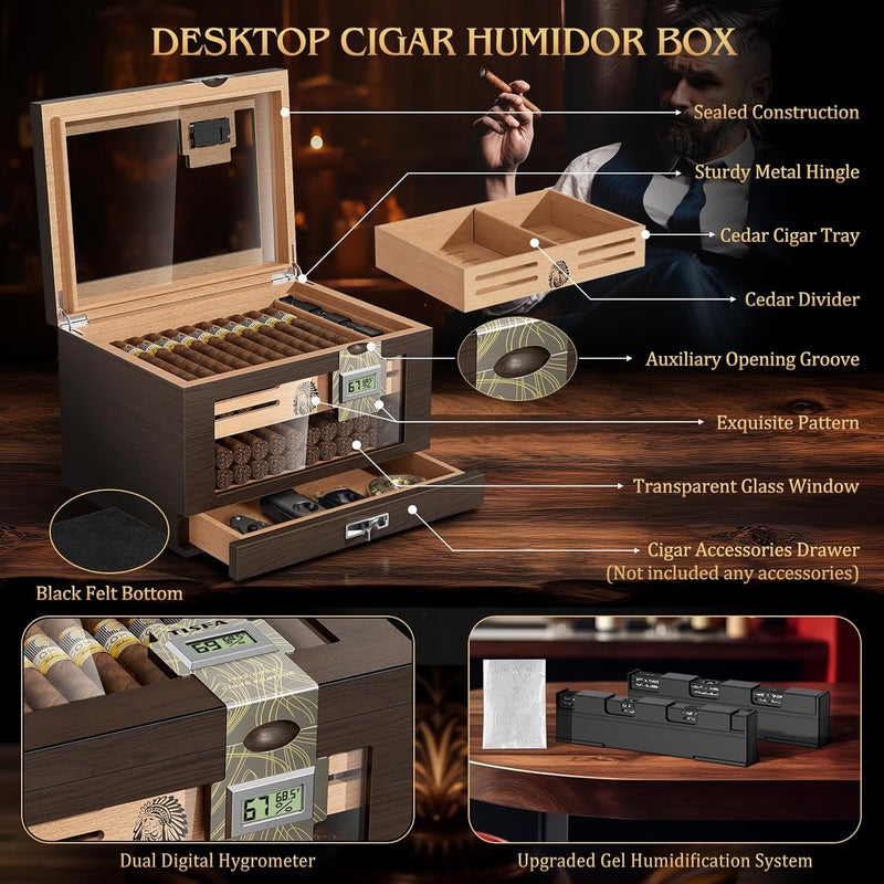 TISFA Cigar Humidor Cedar Wood Cigar Box with 2 Digital Hygrometer, 2 Humidifiers, Cedar Tray, Divider, Accessory Drawer, Glass Top Large Desktop Humidors and Acrylic Travel Cigar Tube Gifts Set - Image 2